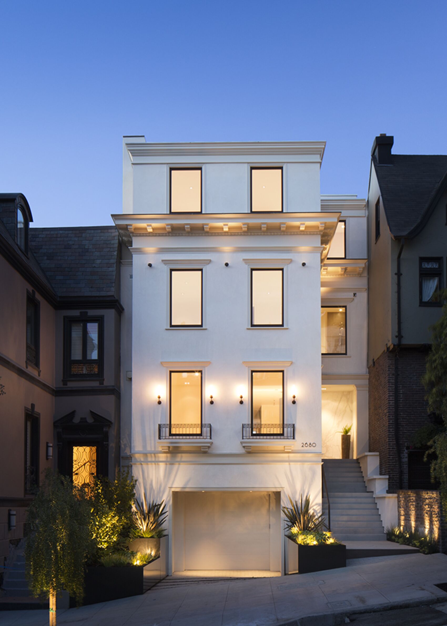 Classic San Francisco facade at dusk — Troon Pacific residence