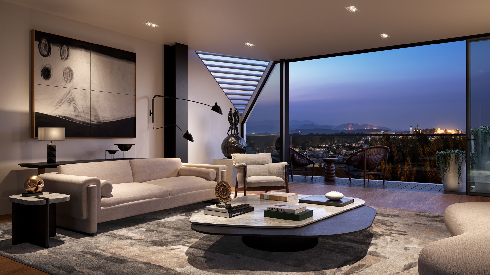 Sky lounge at dusk overlooking San Francisco — Troon Pacific residence